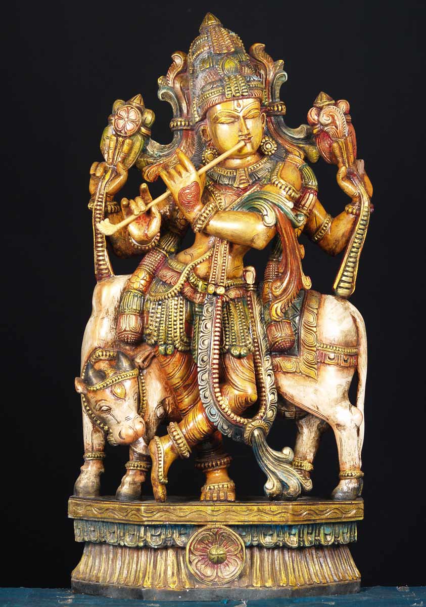 Wooden Venugopal with Cow 36"